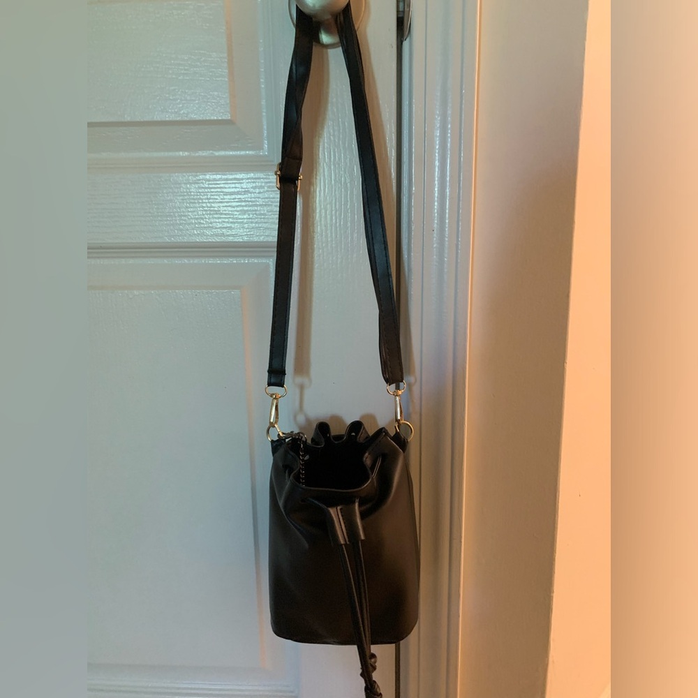 Vegan Leather Elegant Black Drawstring Closure Crossbody Bucket Bag NEW PACKAGE